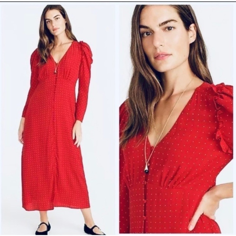 J CREW Red Drapey Puff Sleeve Midi Dress‎ in Polka Dot Size 6 Feminine Weekend